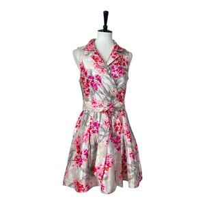 Jessica Howard New Fit Flare Dress Full Skirt Gray Pink Floral Women’s Size 10